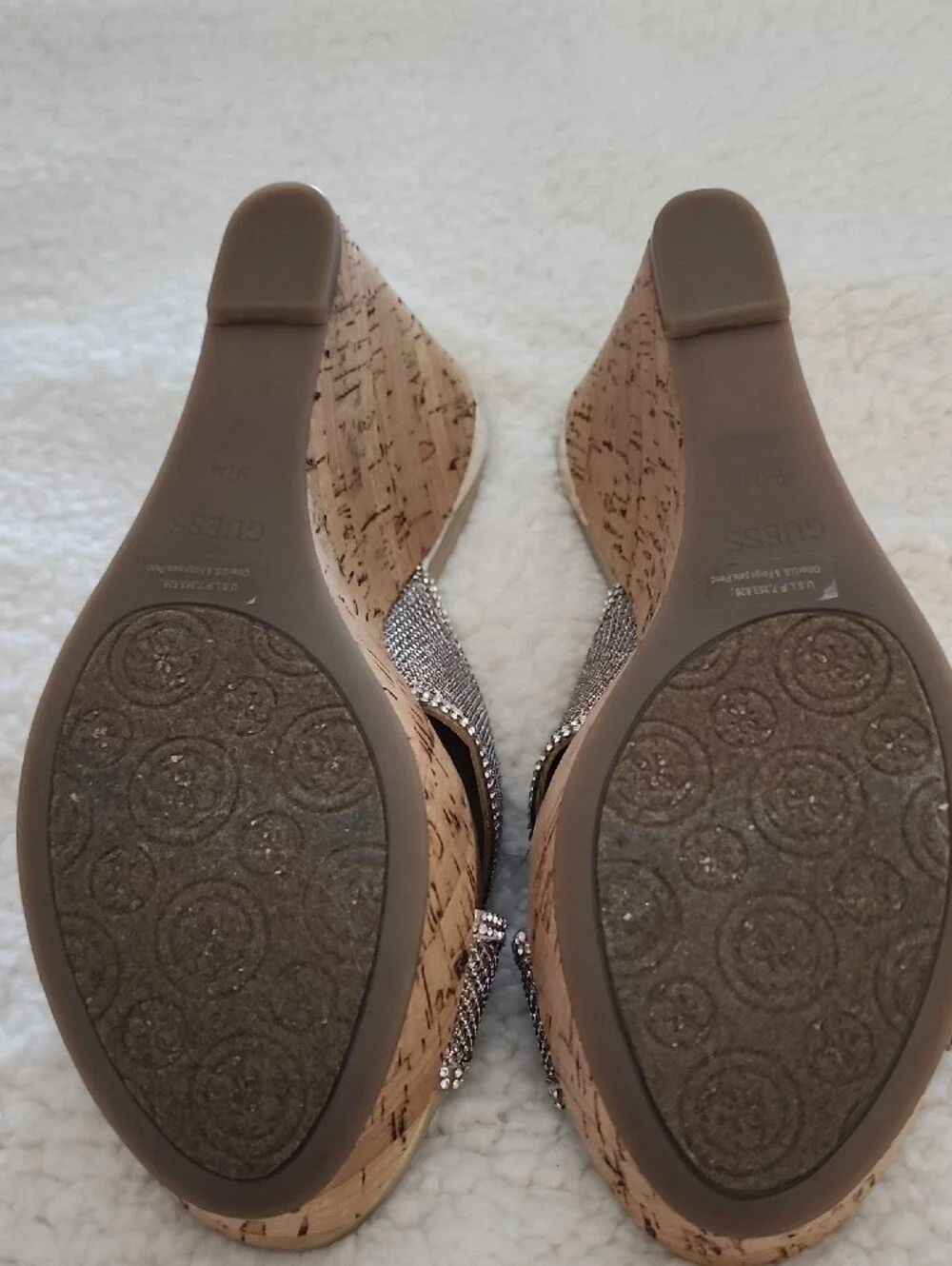 GUESS Metallic Taupe Crystal-Trim Cork Wedge Sandals